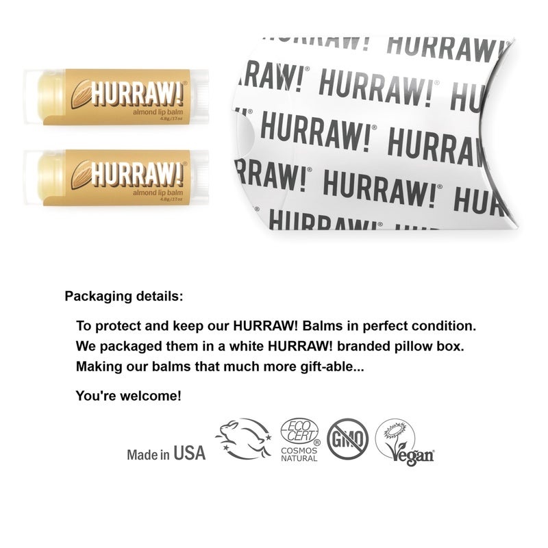 Hurraw! هراو! بلسم شفاه باللوز، عبوة 2: عضوي، معتمد كفيجن، خالي من القسوة والغلوتين. غير معدل وراثيًا، مكونات طبيعية 100%. خالي من العسل، الشيا، الصويا والنخيل. مصنوع في الولايات المتحدة - Image 2